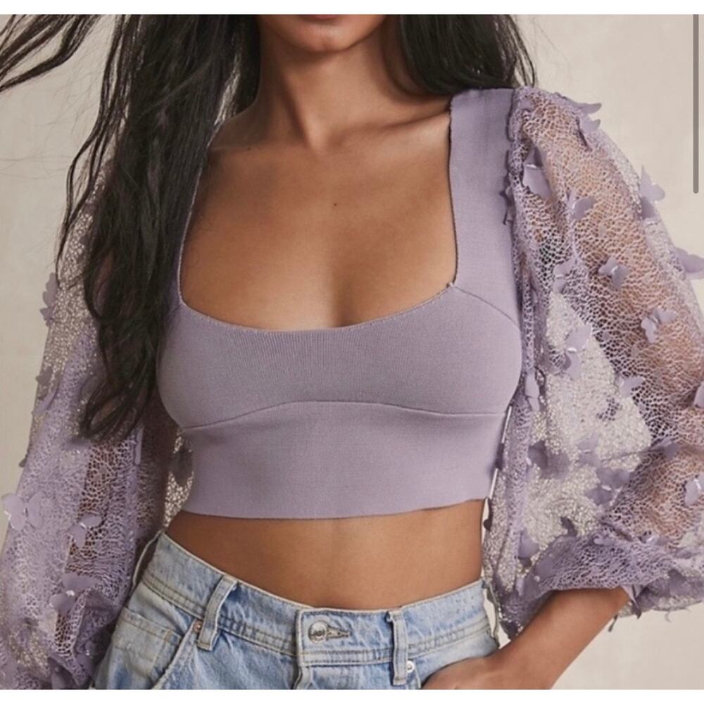 Free People Women’s Purple Lilac Flutter By Crop XS Butterfly Femenine Coquette